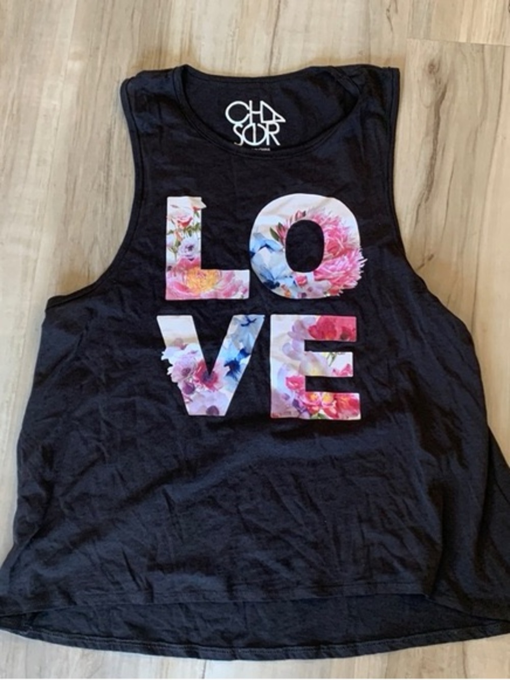 Chaser Black Tank Top with Floral "LOVE" Graphic